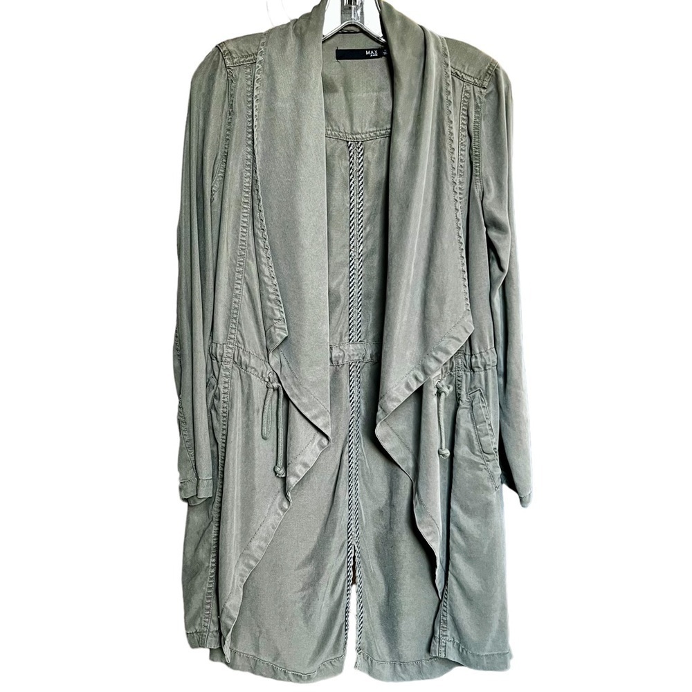 Max Jeans Army Green Utility Jacket Long Lined Draped Drawstring Waist Pocket XS - Picture 2 of 15